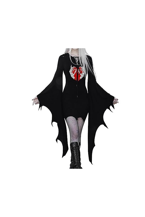 Costume dHalloween pour femme - Manches chauve-souris - Col en V - À lacets - Mini sexy - Bodycon - Gothique sombre - Vampir
