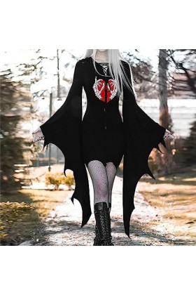 Costume dHalloween pour femme - Manches chauve-souris - Col en V - À lacets - Mini sexy - Bodycon - Gothique sombre - Vampir