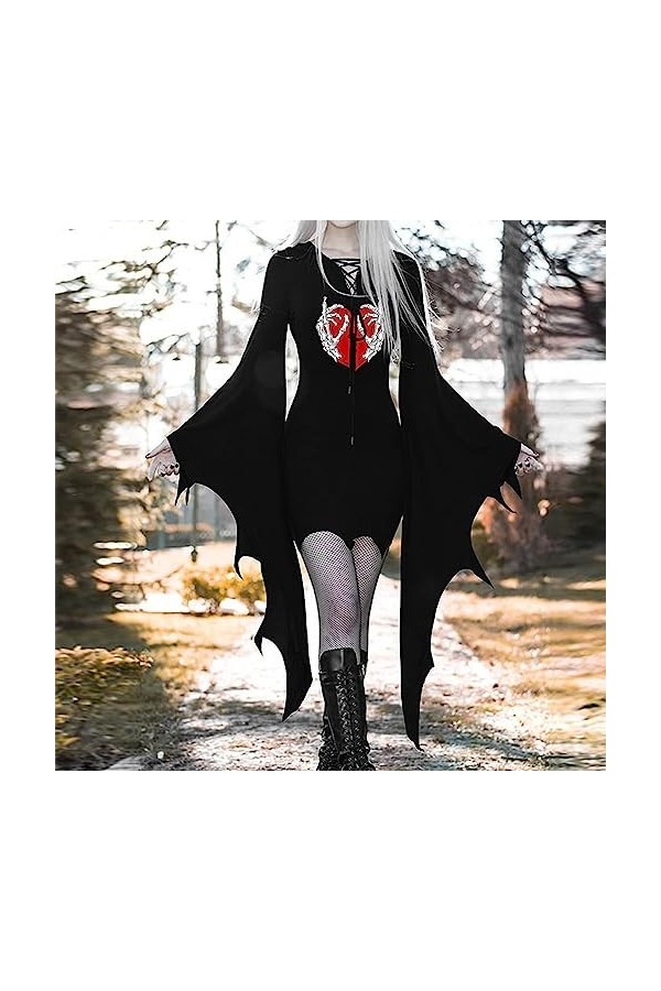 Costume dHalloween pour femme - Manches chauve-souris - Col en V - À lacets - Mini sexy - Bodycon - Gothique sombre - Vampir