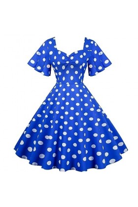 Hepburn Robe élégante et vintage pour femme - Col carré - Manches courtes - À pois - Style décontracté - Pour la plage, le pi