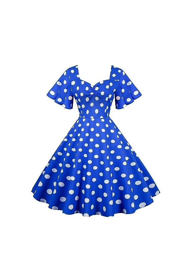 Hepburn Robe élégante et vintage pour femme - Col carré - Manches courtes - À pois - Style décontracté - Pour la plage, le pi
