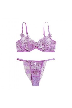 DUHGBNE Dentelle G-string Bralette Bustier Soutien-Gorge Sexy Fleurs Broderie Thong Sexy Femme Lingerie, lilas, M