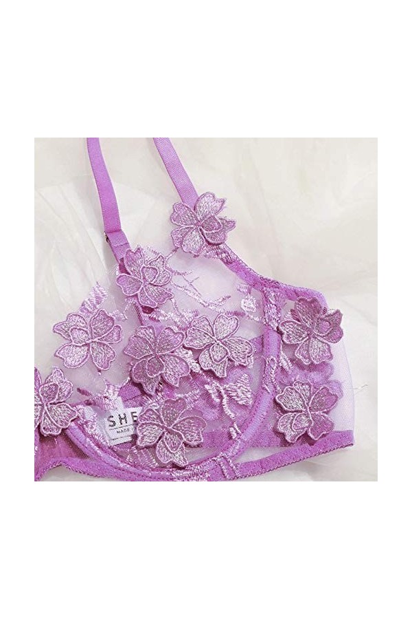 DUHGBNE Dentelle G-string Bralette Bustier Soutien-Gorge Sexy Fleurs Broderie Thong Sexy Femme Lingerie, lilas, M