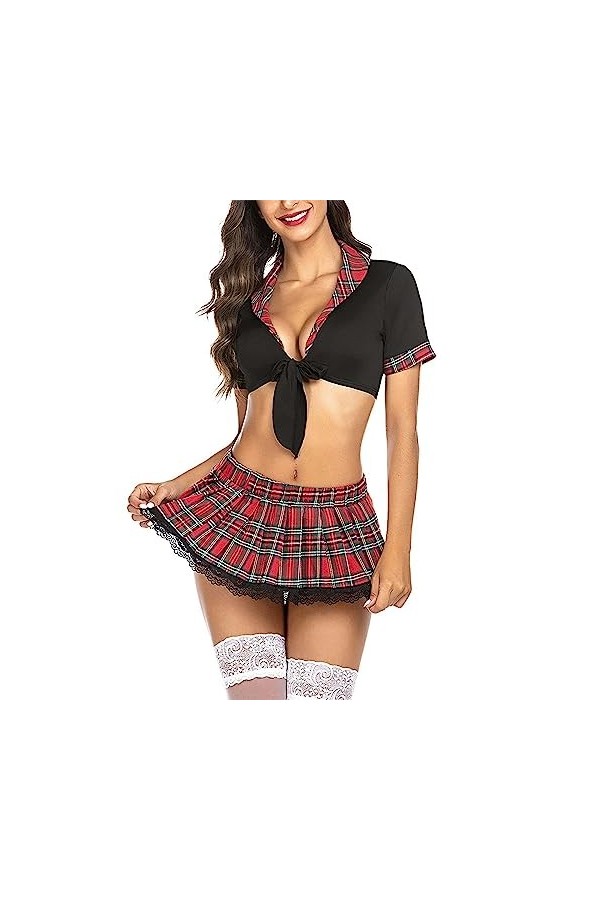 AYAZER Costumes décolière sexy pour femme - Nuisette cosplay - Lingerie sexy avec bretelles et jupe à carreaux - Uniforme d