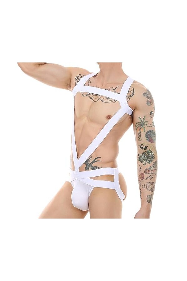 WSZJLN Hommes élastique Harnais Sexy Justaucorps sous-vêtements Body Sangle String Dos Nu Costume Une pièce-Blanc-XXL