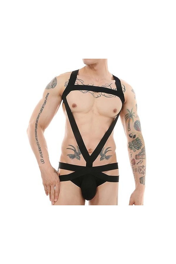 WSZJLN Hommes élastique Harnais Sexy Justaucorps sous-vêtements Body Sangle String Dos Nu Costume Une pièce-Blanc-XXL
