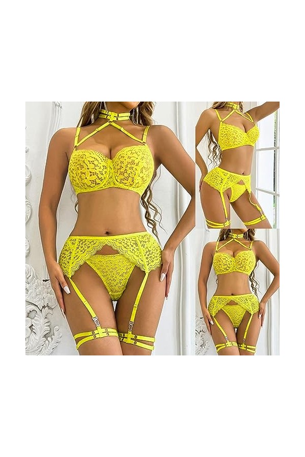 liaddkv Lingerie Femme Sexy Suspendu Dentelle Creux Porte-Jarretelles Drôle Ensemble 4 Pièces Sexy Infirmière Vernis, jaune, 