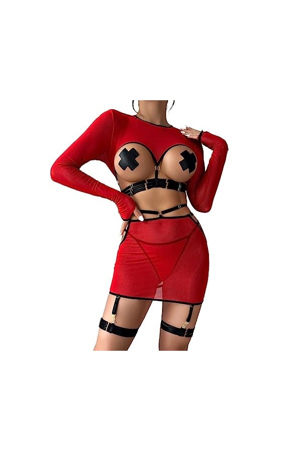 pour Lingerie pièces de Lingerie Amusante pour Femmes, Haut à Manches Longues personnalisé en Dentelle Creuse Sexy avec Annea