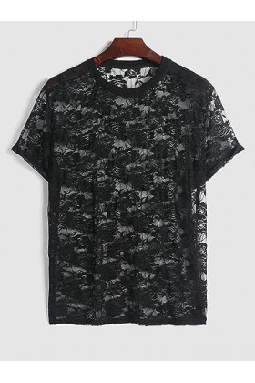 OKGD T-Shirt Transparent à Manches Courtes Rose Jacquard Dentelle Maille Transparente Découpe T-Shirt Sexy Club Party Hommes 