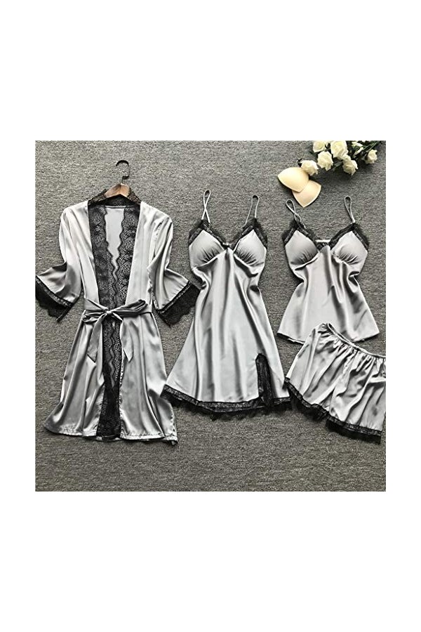 Luckywaqng Lingerie sexy en dentelle et soie - Pour femme - Noir, gris, XXXXL