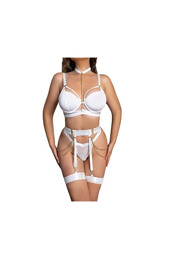 CUTeFiorino Male Lingerie Fun Sous-vêtements Femme Sangle en Métal Creux Soutien-Gorge Chaîne Jarretière Sangle Transparent E