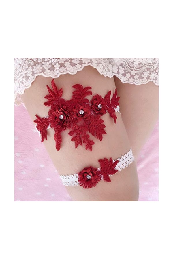 Amosfun 2 pcs mariage jarretière fleur dentelle strass élastique chaussettes de mariée pour demoiselle dhonneur mariage en f