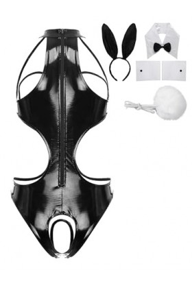 JEATHA Costume De Lapin Sexy Femme Bodysuit Sexy Ouvert Poitrine Catsuit Similicuir Sans Manches Ensemble Lingerie Séduction 