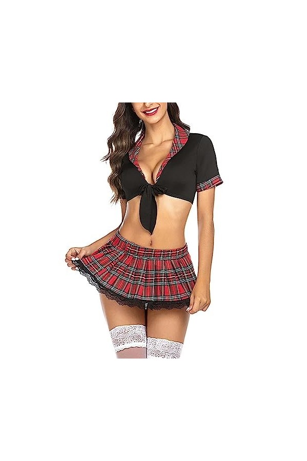 AYAZER Femmes Sexy Écolière Costumes Cosplay Babydoll Lingerie Sexy Jarretelles Plaid Jupe Ensemble Étudiant Uniforme Jeu de 