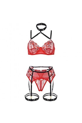Lingerie Noir Sexy pour Femmes Sexy Fluorescent Splice Coeur Dentelle Sexy Voir à Travers Le Soutien-Gorge Ensemble de Trois 