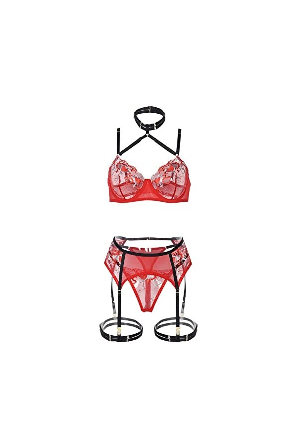 Lingerie Noir Sexy pour Femmes Sexy Fluorescent Splice Coeur Dentelle Sexy Voir à Travers Le Soutien-Gorge Ensemble de Trois 