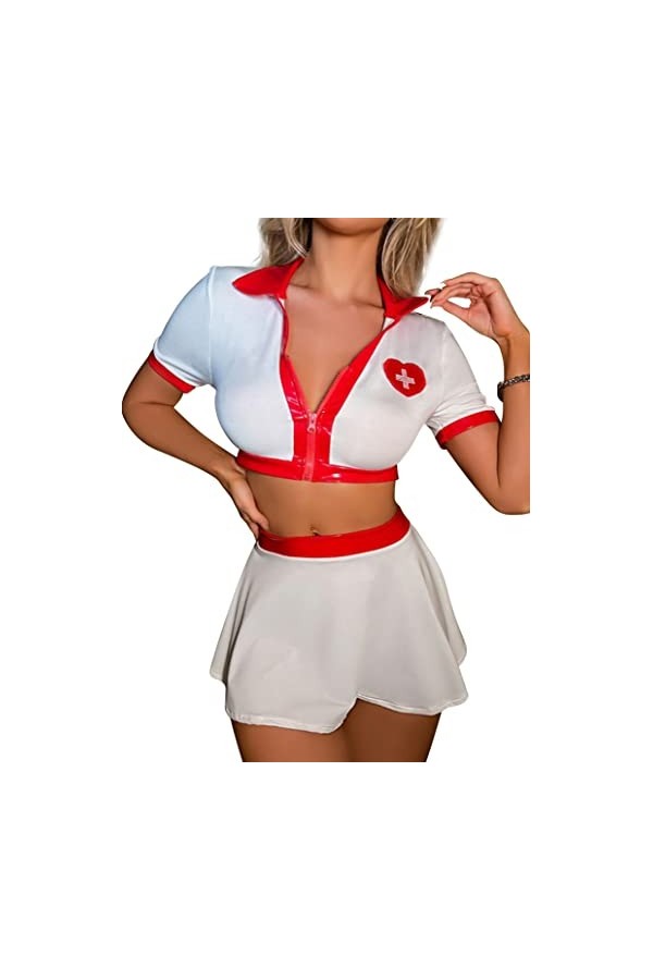 inlzdz Femmes Costume Femmes Lingerie Infirmière Uniforme Cosplay Nurse Infirmière Halloween Party Babydoll Robe Décolleté en