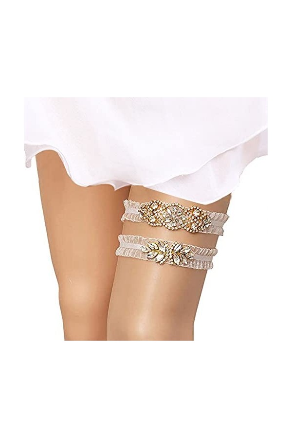 NC Lot de 2 Jarretières de mariée vintage avec strass Jarretière de mariage pour mariée en dentelle extensible avec strass