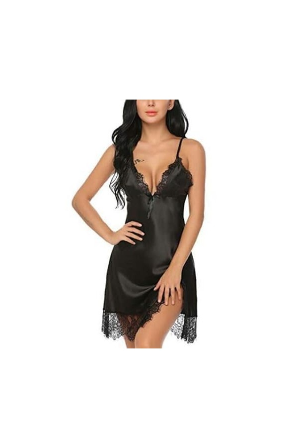 CHOUBAGUAI Jupe Porte-Jarretelles en Dentelle Imitation Soie V Profond Fente Sexy-Noir-M