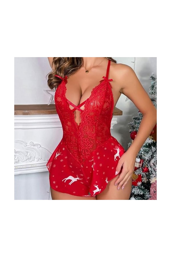 Pdakieyxnd sous-Vetements de Noël Feminins Sexy Féminin Dentelle Tenue Érotique Noir String Sensuelle Rouge Valentin Coquin S