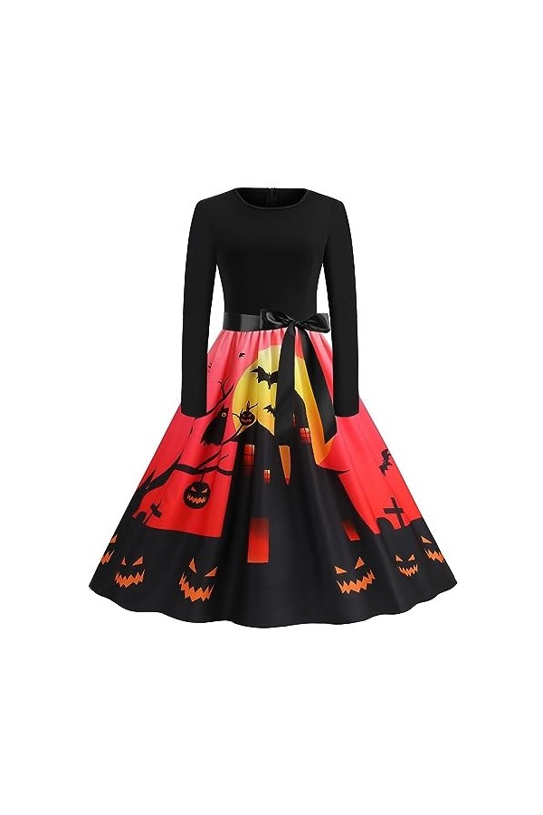 Robe avec tête de Citrouille Fleur col Rond Manches Longues Impression Sexy Grande Robe trapèze Robe Volumineuse Yellow, L 