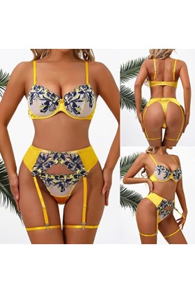 Soumises Lingerie pour Femmes Soutien-Gorge de de Fleurs avec Anneau en Acier Porte-Jarretelles sous-vêtements Sexy Ensemble 