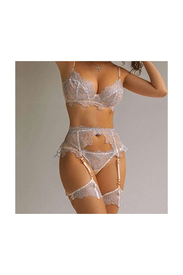 liaddkv Lingerie sexy en dentelle pour femme avec broderie florale, bleu clair, M