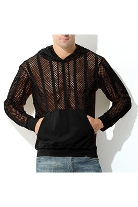 Male Sexy Party Hollow Mesh Hoodies Solide Manches Longues Poche À Capuche Blouse Hommes Capuche Black, L 