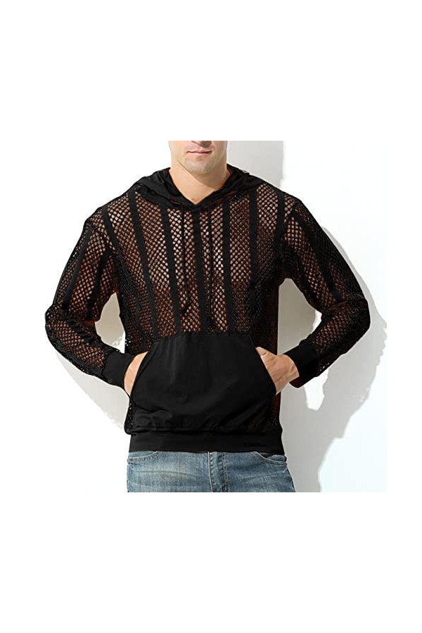 Male Sexy Party Hollow Mesh Hoodies Solide Manches Longues Poche À Capuche Blouse Hommes Capuche Black, L 