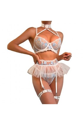 Femmes Fleur Maille Couture Bretelles Licou Cou Sexy sous-vêtements Sexy Quatre pièces Ensemble Body Top White, S 