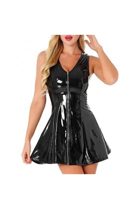 2023 New y/2k Style Lingerie Robe en similicuir noir pour femmes fermeture éclair PU haut élastique col en V jupe courte jupe