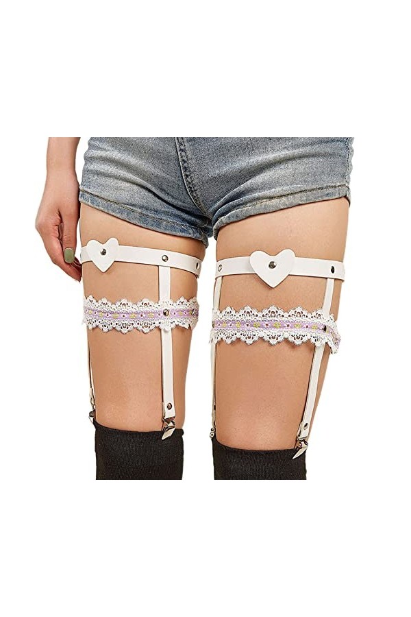 Clip Jarretière Gothique avec Volants en Dentelle Chaîne Cuisse en Cuir PU Chaîne Corps Élastique Bijoux Soirée en Boîte Nuit