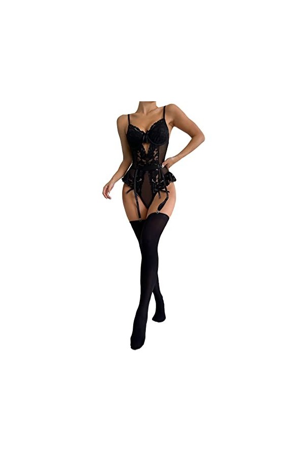 Sexy Lingerie Latex Lingerie Dentelle Lingerie 3 pièces Ensemble sous-vêtements Sexy avec Chaussettes Lingerie Exotique Blac