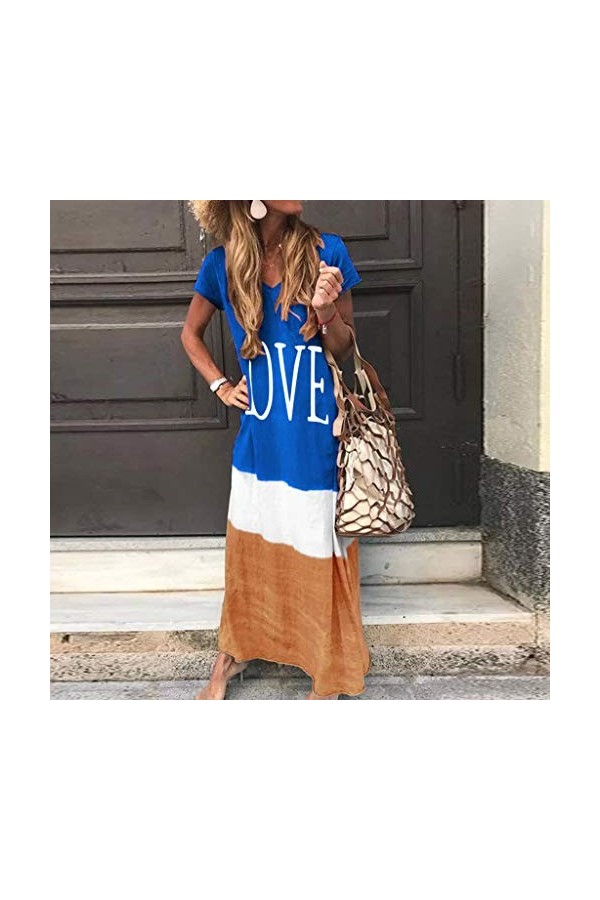 Jupe en Cuir Rouge Maxi Dress Block Daily Women V Tie-TEED Neck Sleeve Taille Robe pour Femmes Robe De Poupée Chère Blue, XL