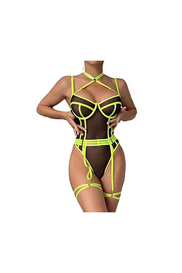 2023 New y*2k Style Lingerie Combinaison moulante en maille élastique pour femme Voir à travers le cou Halter Couleur contras