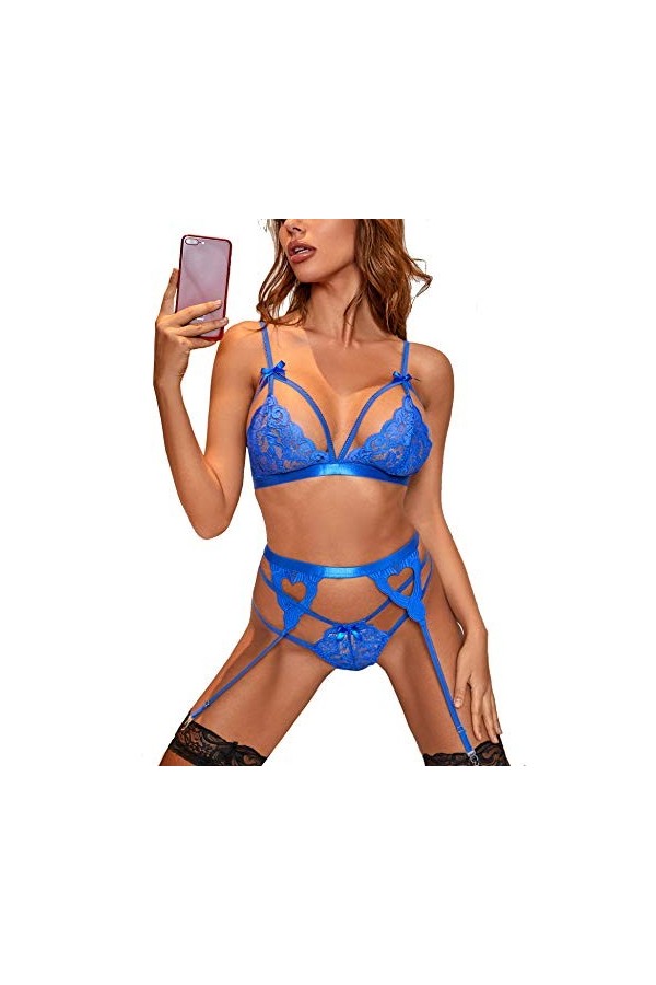 EVELIFE Women Lace Lingerie Set with Garter Belt 3 Pieces, Sexy Lace Bra and Panties Set Strappy Teddy Babydoll Nightwear Ble