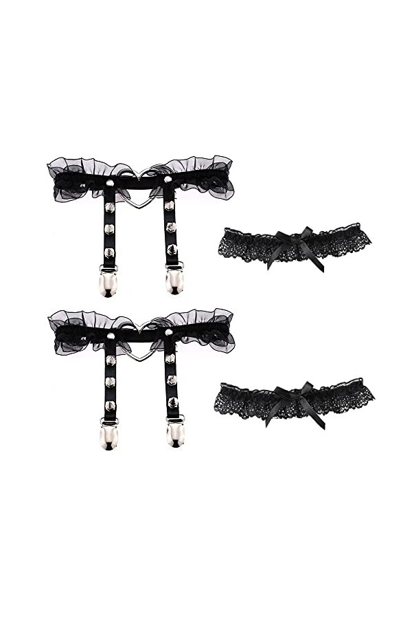 Lot de 2 jarretières pour cuisse en forme de cœur en dentelle réglable avec clip antidérapant et porte-jarretelles élastiques