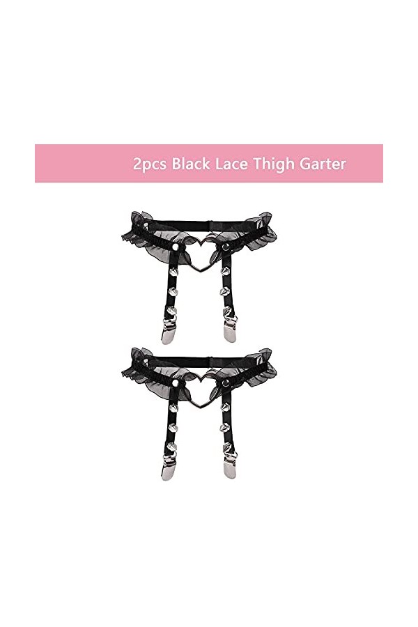 Lot de 2 jarretières pour cuisse en forme de cœur en dentelle réglable avec clip antidérapant et porte-jarretelles élastiques