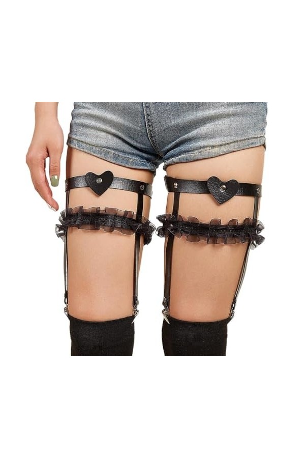 Clip Jarretière Gothique avec Volants en Dentelle Chaîne Cuisse en Cuir PU Chaîne Corps Élastique Bijoux Soirée en Boîte Nuit