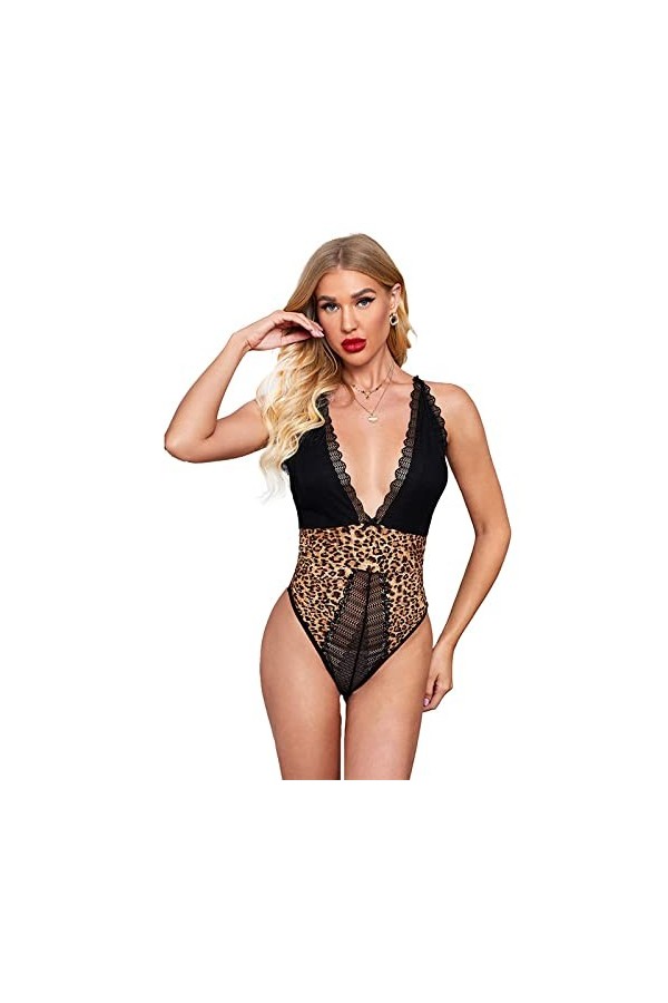 JINZIJINYU Nuisette Sexy Femme Imprimé Léopard Sexy One Piece One Piece Pyjama Femmes Dentelle Ondulée Beau Dos Sexy Temptati