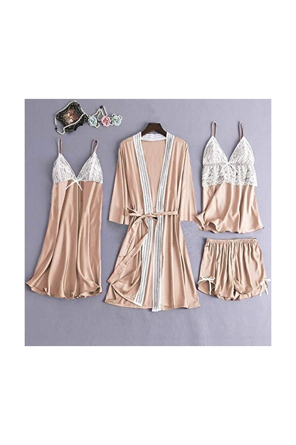 Luckywaqng Lot de 4 robes de nuit en satin et dentelle pour femme - Robe de nuit - Sous-vêtements - Costumes sexy, jaune, XL