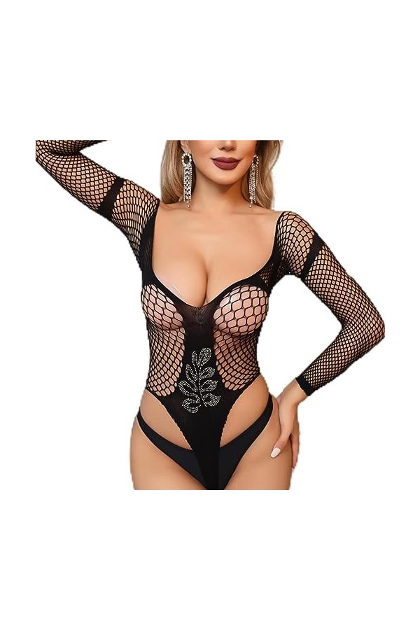 Hot Diamond Grande Taille Sexy Slim One Piece Noir Uniformes Fun avec Diamant Feuilles Libre Enlever Une Pièce Filet De Pêche