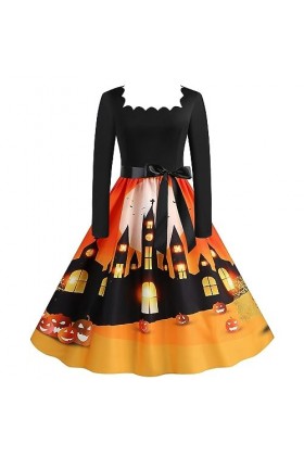 Costume Robe Halloween Fleur col carré Manches Longues Impression Sexy Grande Robe trapèze Robe Chic Noire Yellow, M 