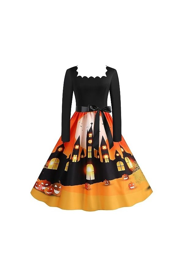 Costume Robe Halloween Fleur col carré Manches Longues Impression Sexy Grande Robe trapèze Robe Chic Noire Yellow, M 