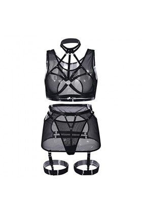 Mode Nouveau Sexy Laçage Complexe Heavy Craft Entrelacement Sexy sous-Vêtements 5 Pièces Ensemble Mini Robe Sexy Hot Black, 