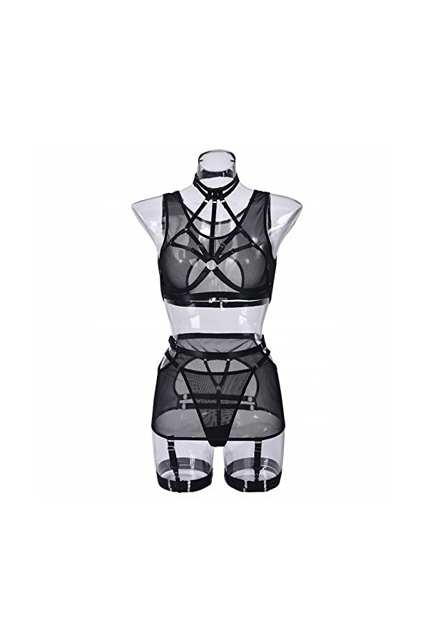 Mode Nouveau Sexy Laçage Complexe Heavy Craft Entrelacement Sexy sous-Vêtements 5 Pièces Ensemble Mini Robe Sexy Hot Black, 