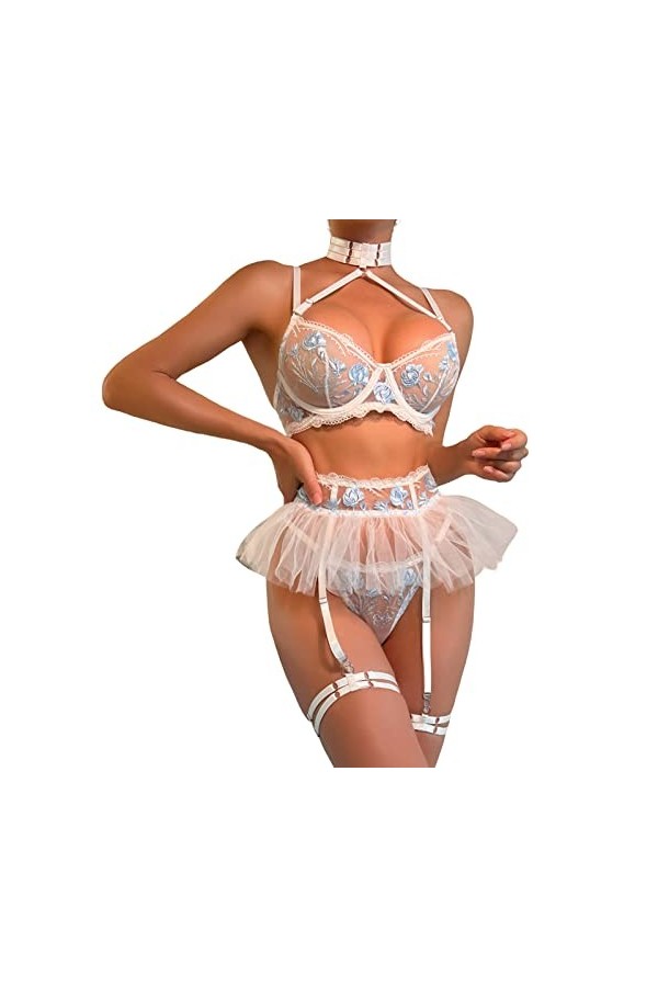 Femmes Fleur Maille Couture Bretelles Licou Cou Sexy sous-vêtements Sexy Quatre pièces Ensemble Body Top White, L 