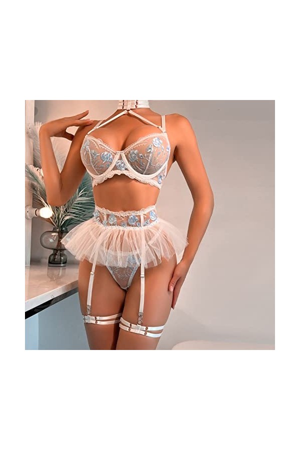 Femmes Fleur Maille Couture Bretelles Licou Cou Sexy sous-vêtements Sexy Quatre pièces Ensemble Body Top White, L 