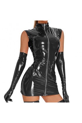 Ensemble de Lingerie Erothique Sexy Hot Dentelle Robe Nuisette Femme 1PC Sexy sans Manches Fermeture éclair Avant en Cuir PU 