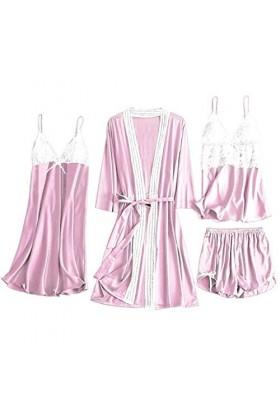 Luckywaqng Lot de 4 robes de nuit en satin et dentelle pour femme - Robe de nuit - Sous-vêtements - Costumes sexy, Rose, XXL